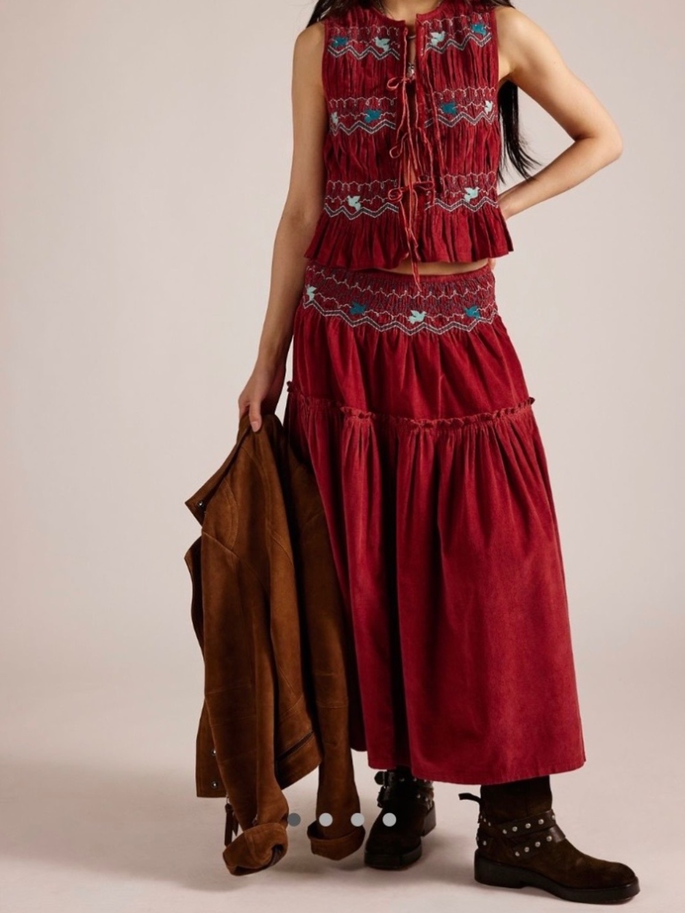 Free People Red Tiered Maxi Skirt with Embroidered Waist